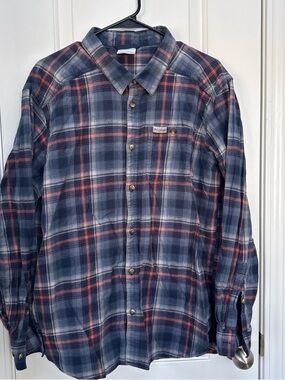 Columbia Men's Navy and Red Plaid Button-Up Shirt